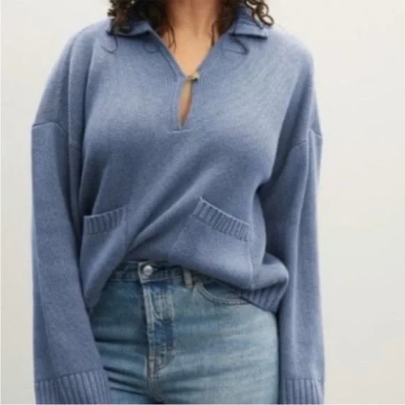 Everlane Dusty Blue Collared V-Neck Sweater - Picture 2 of 4